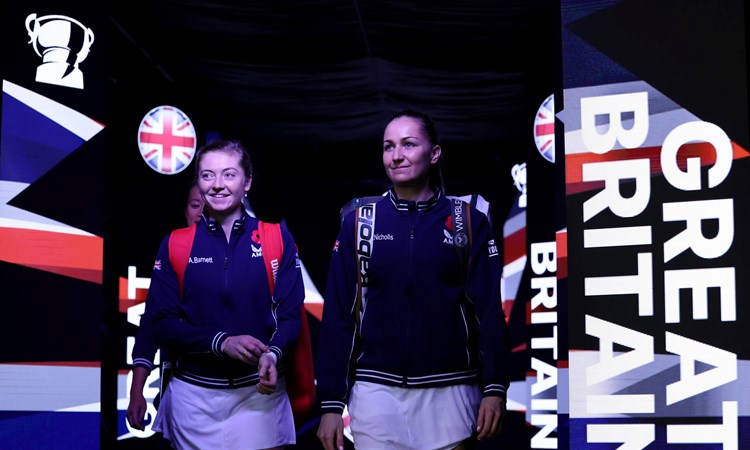 Alicia Barnett and Olivia Nicholls walking onto court ahead of their doubles rubber against Kazakhstan's Elena Rybakina and Anna Danilina at the 2022 Billie Jean King Cup in Glasgow