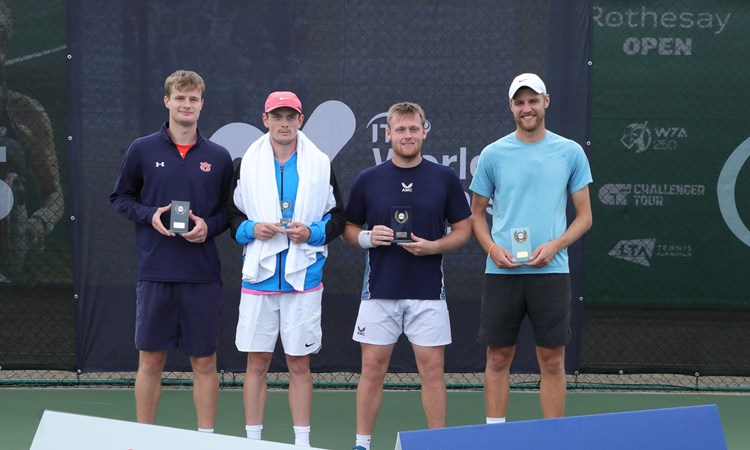 Finn Bass and Emile Hudd pictured with William Nolan and Jack Pinnington Jones during the trophy ceremony  at the the ITF World Tennis Tour M25 event in Nottingham.