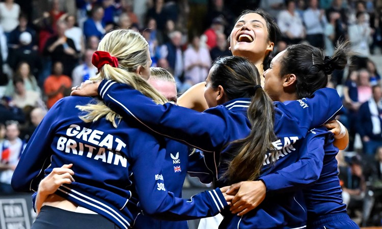 The Great Britain Billie Jean King Cup team celebrating victory over France