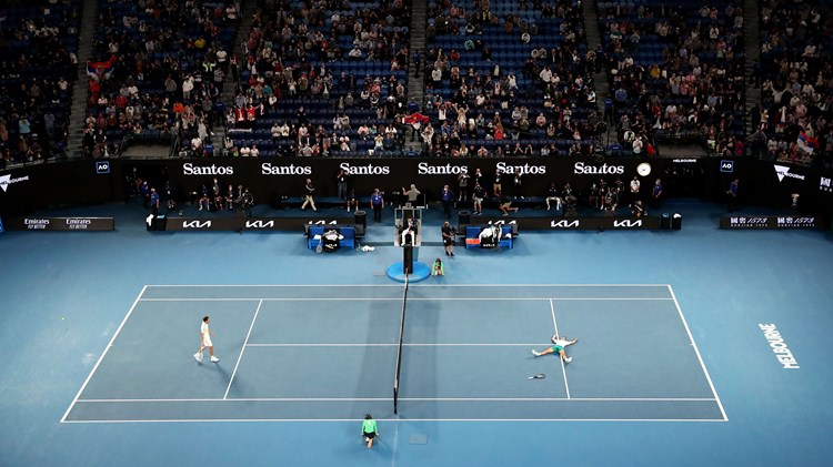 Novak Djokovic of Serbia celebrates winning Championship Point in his Mens Singles Final match against Daniil Medvedev of Russia during day 14 of the 2021 Australian Open at Melbourne Park on February 21, 2021 